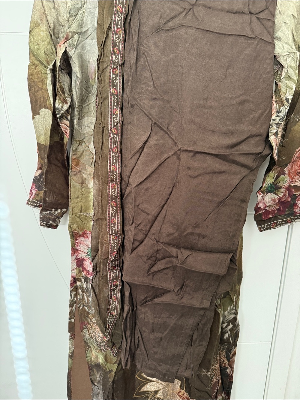 Floral Scoop-Neck Indian suit in Olive and Brown - Picture 2 of 4